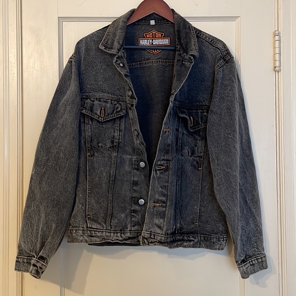 Harley Davidson Vintage 1987 Eagle Print Stone Wash Denim Jacket Mens Size Large - Picture 2 of 10